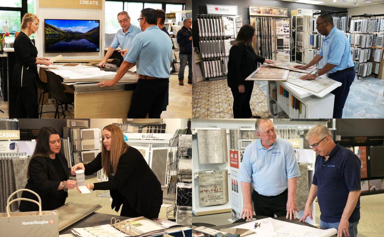 Carpet Studio Flooring America staff talking to customers in the showroom