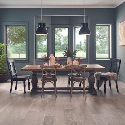 stylish dining room with wood floors